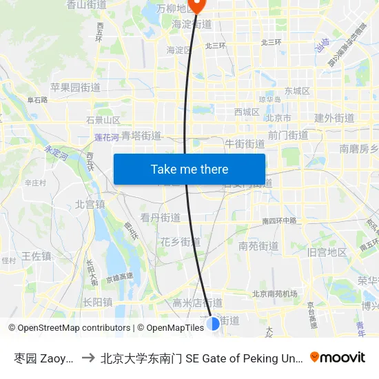 枣园 Zaoyuan to 北京大学东南门 SE Gate of Peking University map