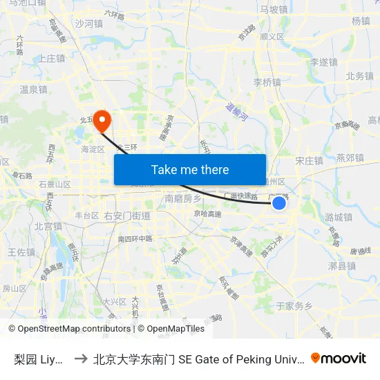梨园 Liyuan to 北京大学东南门 SE Gate of Peking University map