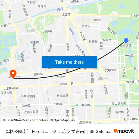 森林公园南门 Forest Park South Gate to 北京大学东南门 SE Gate of Peking University map