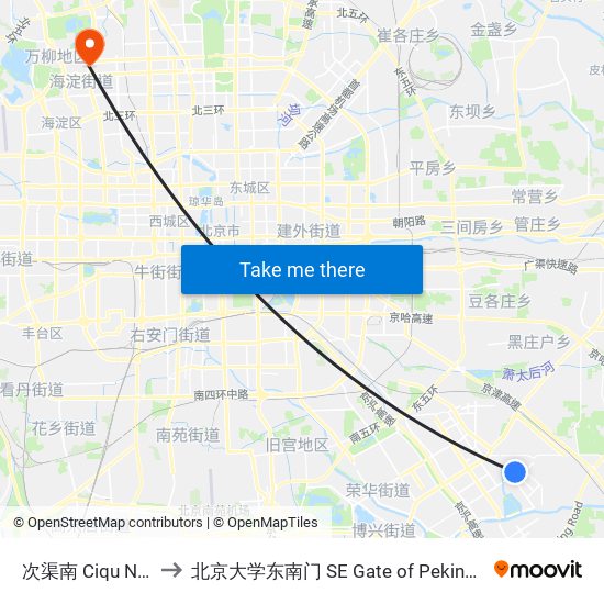 次渠南 Ciqu Nan (S) to 北京大学东南门 SE Gate of Peking University map