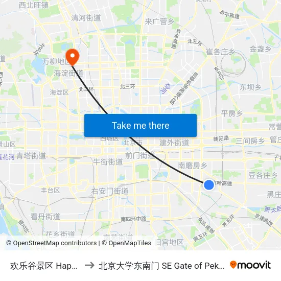 欢乐谷景区 Happy Valley to 北京大学东南门 SE Gate of Peking University map