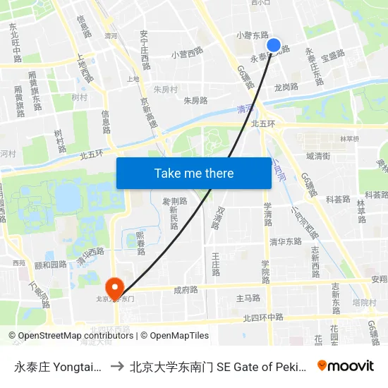永泰庄 Yongtaizhuang to 北京大学东南门 SE Gate of Peking University map