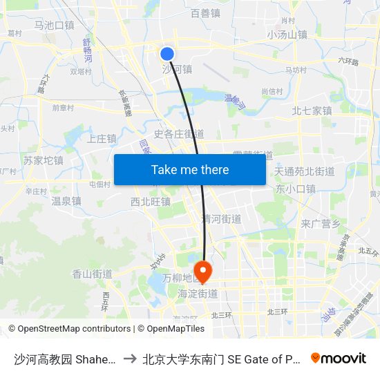沙河高教园 Shahe Univ. Park to 北京大学东南门 SE Gate of Peking University map