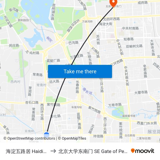 海淀五路居 Haidian Wuluju to 北京大学东南门 SE Gate of Peking University map