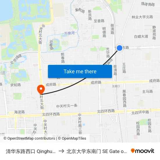 清华东路西口 Qinghua Donglu Xikou to 北京大学东南门 SE Gate of Peking University map