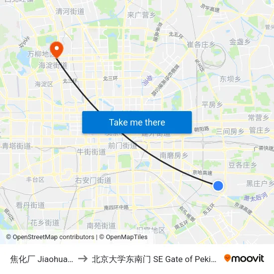 焦化厂 Jiaohua Chang to 北京大学东南门 SE Gate of Peking University map