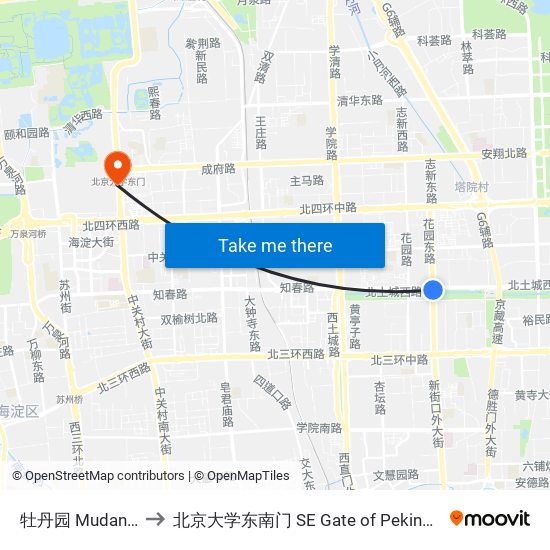 牡丹园 Mudan Yuan to 北京大学东南门 SE Gate of Peking University map