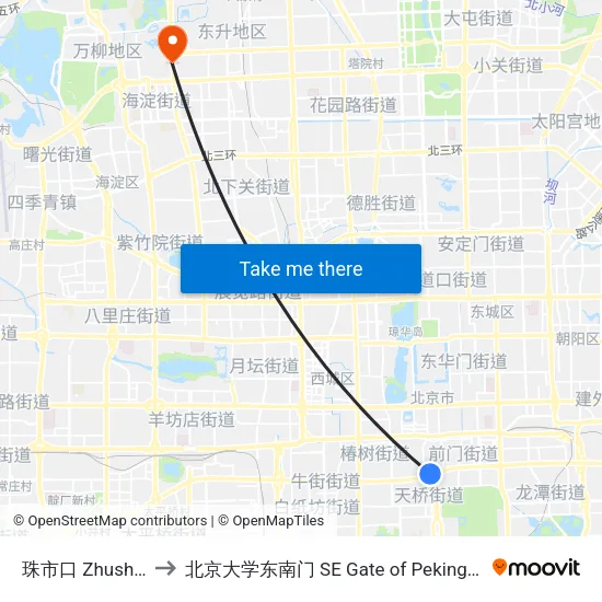 珠市口 Zhushi Kou to 北京大学东南门 SE Gate of Peking University map
