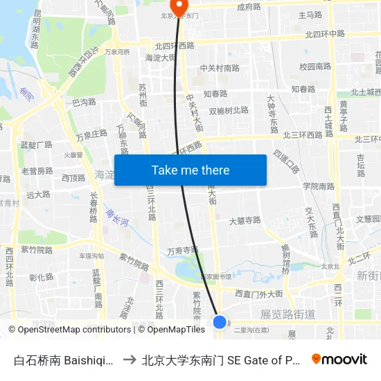 白石桥南 Baishiqiao Nan (S) to 北京大学东南门 SE Gate of Peking University map