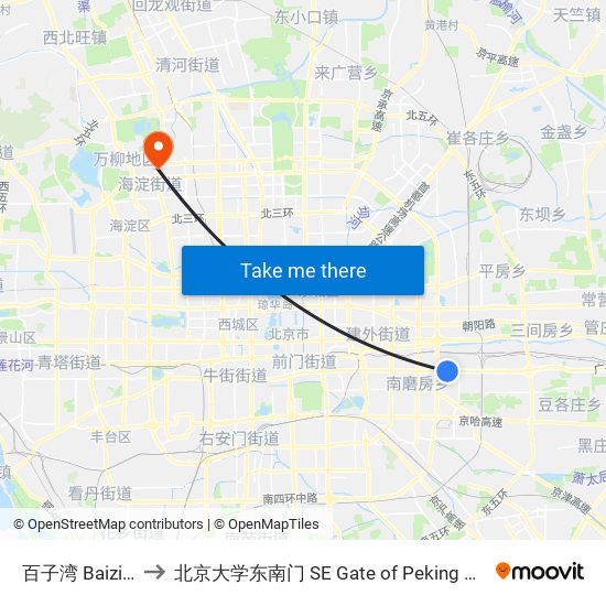 百子湾 Baiziwan to 北京大学东南门 SE Gate of Peking University map