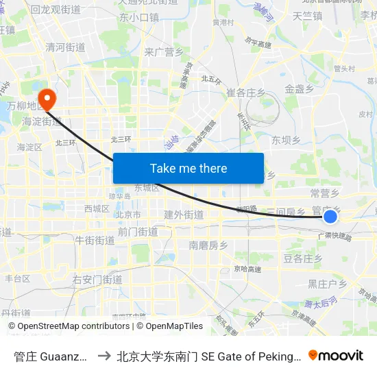 管庄 Guaanzhuang to 北京大学东南门 SE Gate of Peking University map
