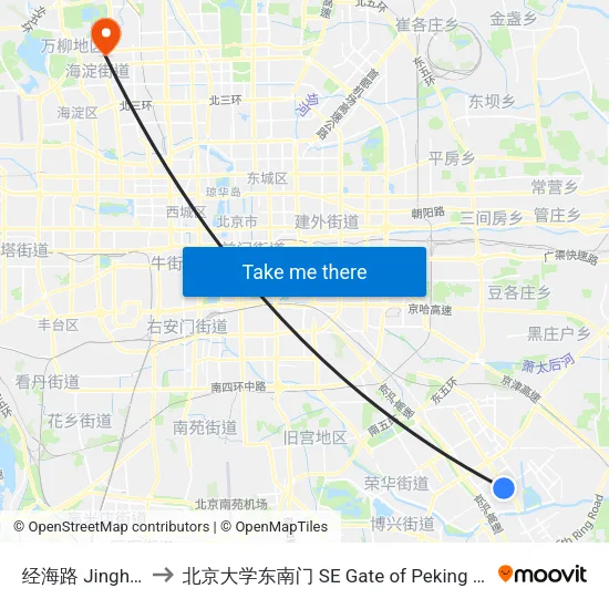 经海路 Jinghai Lu to 北京大学东南门 SE Gate of Peking University map