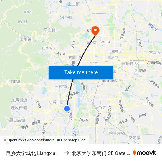 良乡大学城北 Liangxiang Univ. Town North to 北京大学东南门 SE Gate of Peking University map