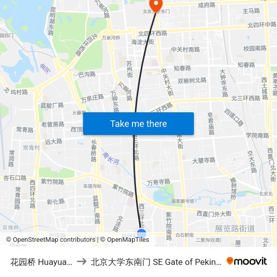花园桥 Huayuan Qiao to 北京大学东南门 SE Gate of Peking University map