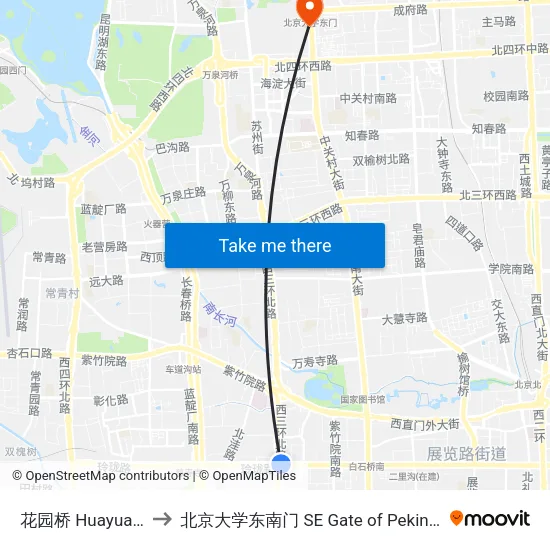 花园桥 Huayuan Qiao to 北京大学东南门 SE Gate of Peking University map