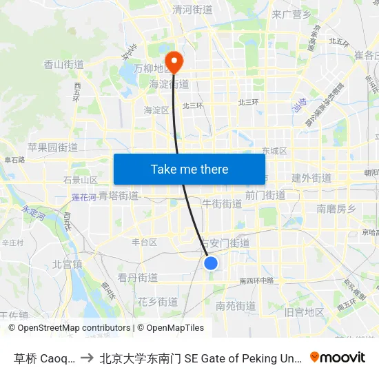 草桥 Caoqiao to 北京大学东南门 SE Gate of Peking University map