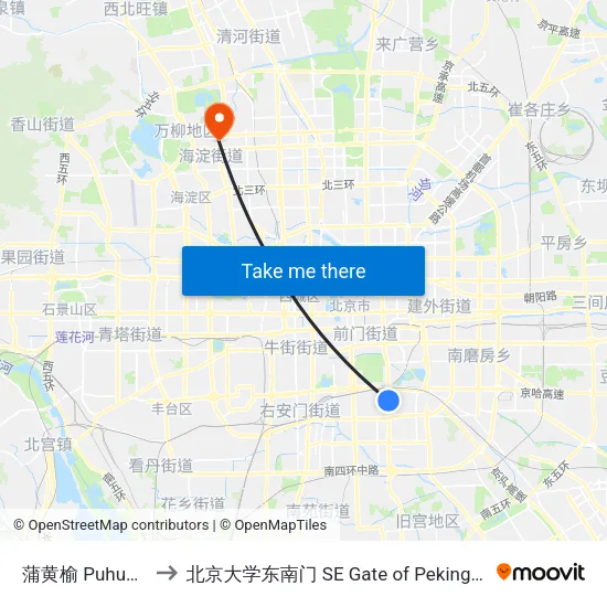 蒲黄榆 Puhuangyu to 北京大学东南门 SE Gate of Peking University map