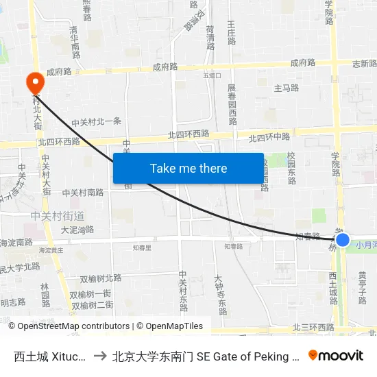 西土城 Xitucheng to 北京大学东南门 SE Gate of Peking University map