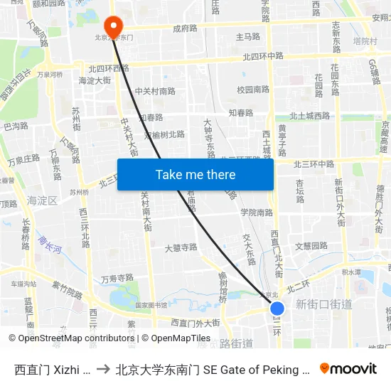 西直门 Xizhi Men to 北京大学东南门 SE Gate of Peking University map