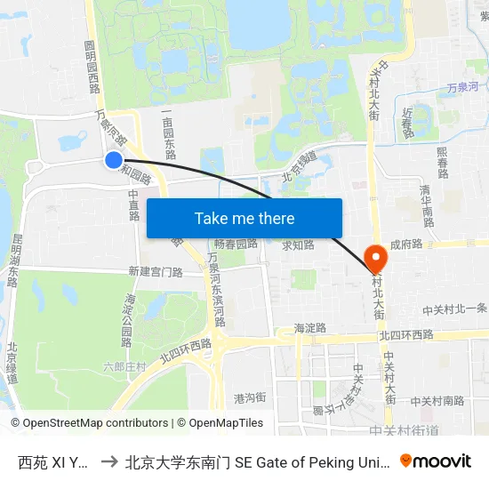 西苑 XI Yuan to 北京大学东南门 SE Gate of Peking University map