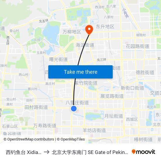 西钓鱼台 Xidiaoyutai to 北京大学东南门 SE Gate of Peking University map