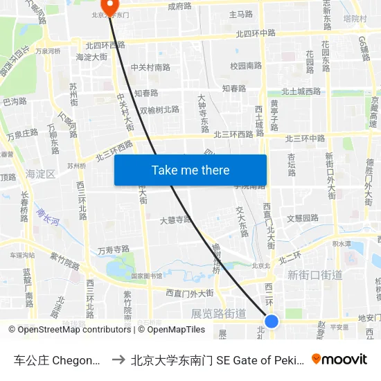 车公庄 Chegongzhuang to 北京大学东南门 SE Gate of Peking University map