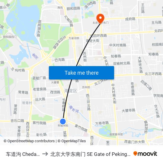 车道沟 Chedaogou to 北京大学东南门 SE Gate of Peking University map