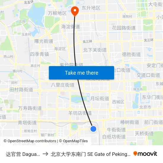 达官营 Daguanying to 北京大学东南门 SE Gate of Peking University map