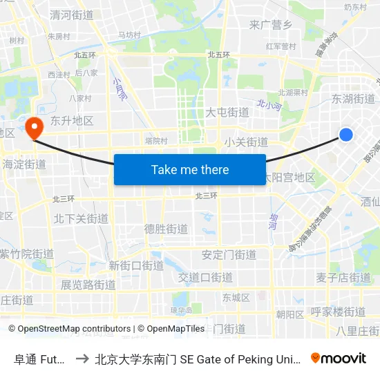 阜通 Futong to 北京大学东南门 SE Gate of Peking University map