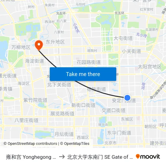 雍和宫 Yonghegong Lama Temple to 北京大学东南门 SE Gate of Peking University map