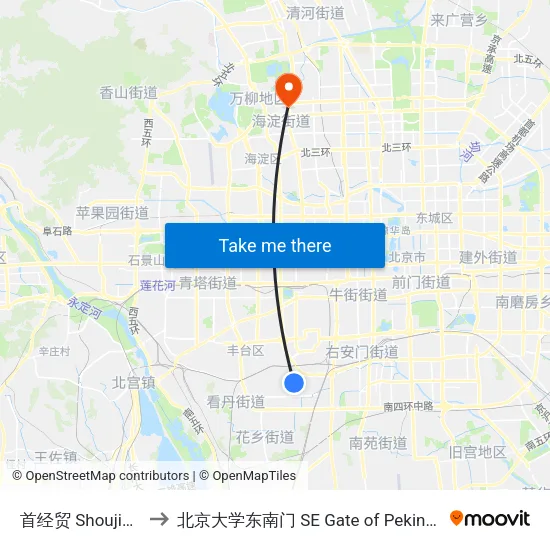 首经贸 Shoujingmao to 北京大学东南门 SE Gate of Peking University map