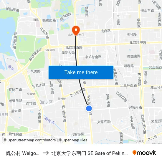 魏公村 Weigongcun to 北京大学东南门 SE Gate of Peking University map