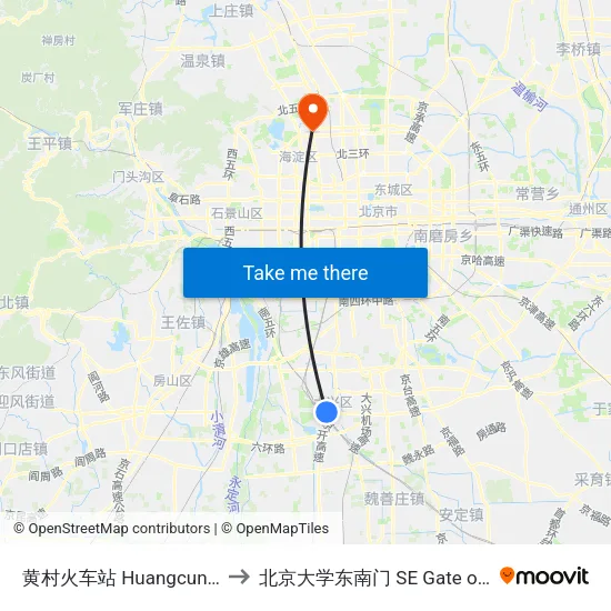黄村火车站 Huangcun Railway Station to 北京大学东南门 SE Gate of Peking University map
