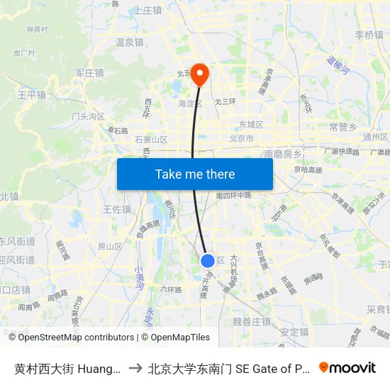 黄村西大街 Huangcun Xidajie to 北京大学东南门 SE Gate of Peking University map