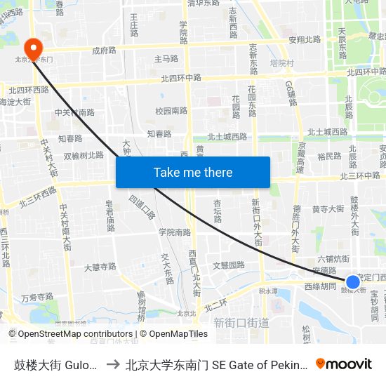 鼓楼大街 Gulou Dajie to 北京大学东南门 SE Gate of Peking University map