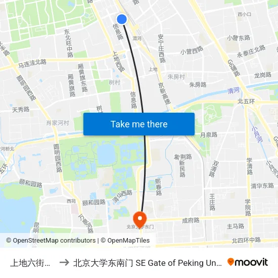 上地六街东口 to 北京大学东南门 SE Gate of Peking University map