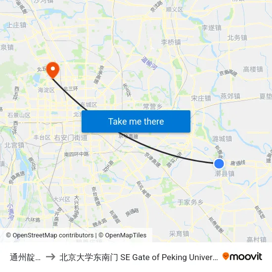通州靛庄 to 北京大学东南门 SE Gate of Peking University map