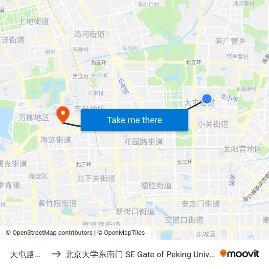大屯路东口 to 北京大学东南门 SE Gate of Peking University map