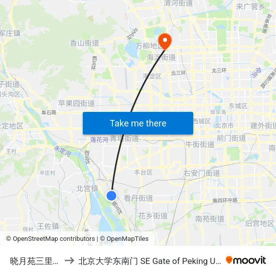 晓月苑三里东门 to 北京大学东南门 SE Gate of Peking University map