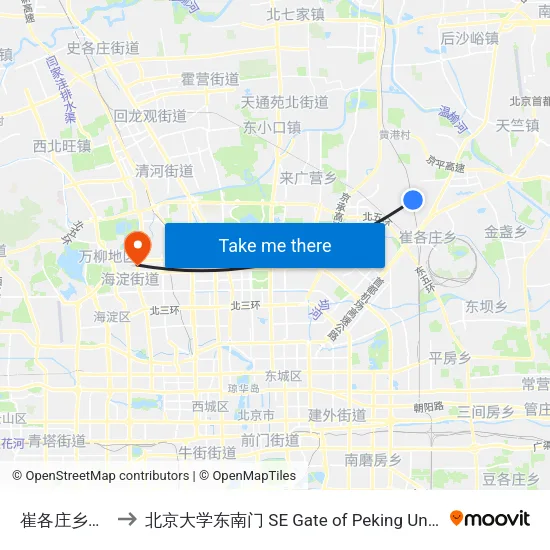 崔各庄乡政府 to 北京大学东南门 SE Gate of Peking University map