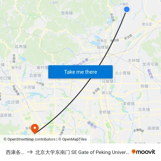 西康各庄 to 北京大学东南门 SE Gate of Peking University map