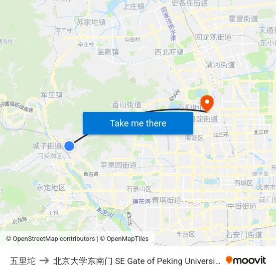 五里坨 to 北京大学东南门 SE Gate of Peking University map