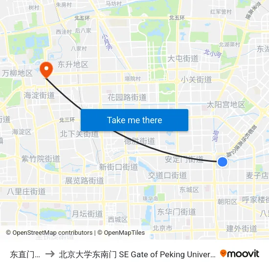 东直门外 to 北京大学东南门 SE Gate of Peking University map