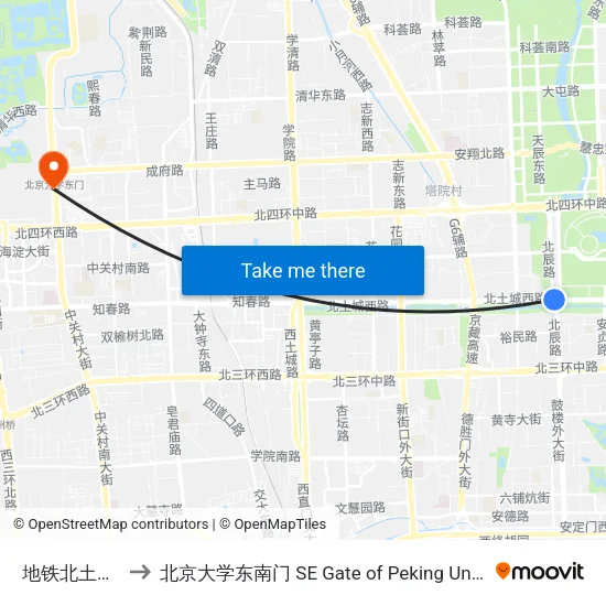 地铁北土城站 to 北京大学东南门 SE Gate of Peking University map