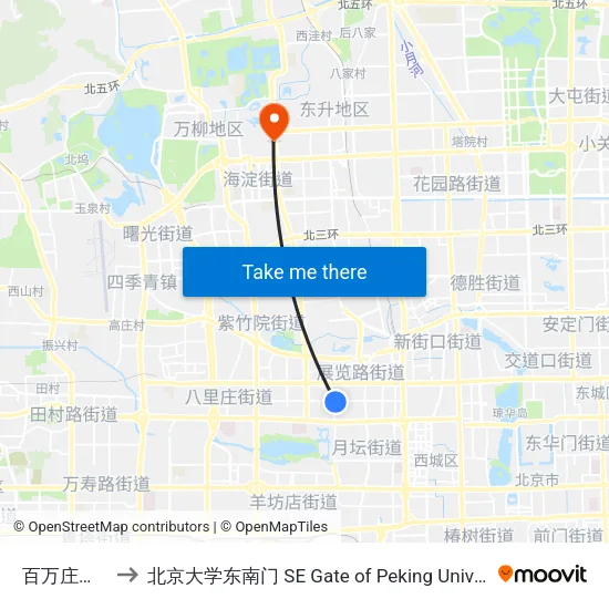 百万庄西口 to 北京大学东南门 SE Gate of Peking University map