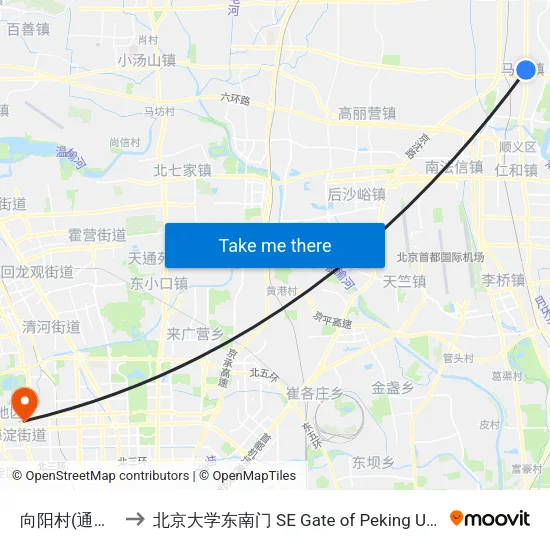 向阳村(通顺路) to 北京大学东南门 SE Gate of Peking University map
