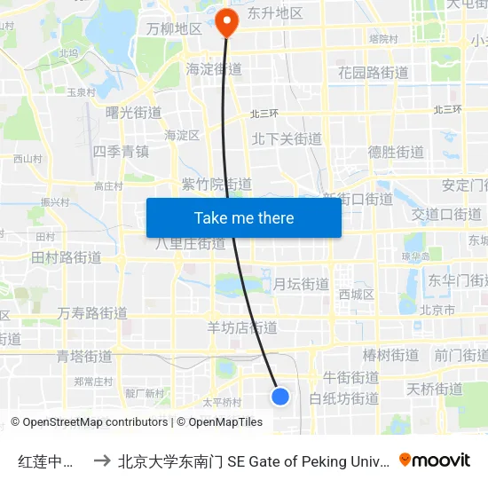 红莲中里东 to 北京大学东南门 SE Gate of Peking University map