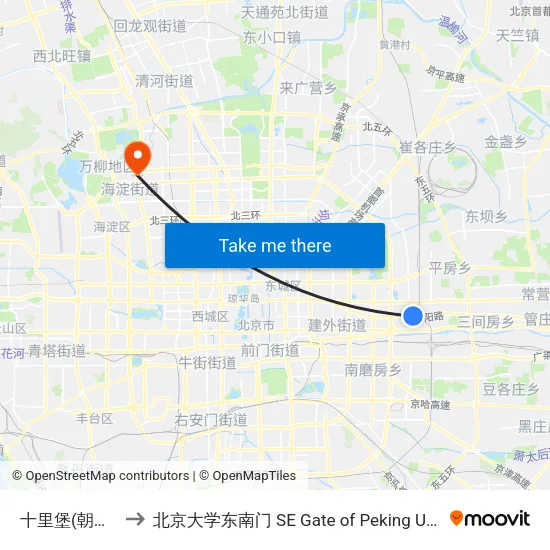 十里堡(朝阳路) to 北京大学东南门 SE Gate of Peking University map