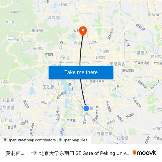 黄村西大街 to 北京大学东南门 SE Gate of Peking University map