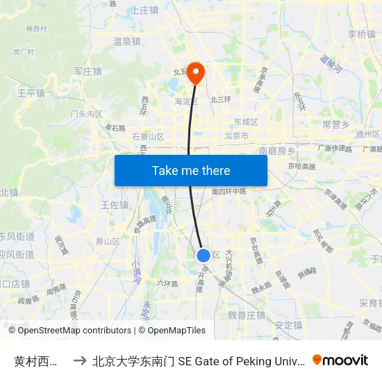 黄村西大街 to 北京大学东南门 SE Gate of Peking University map